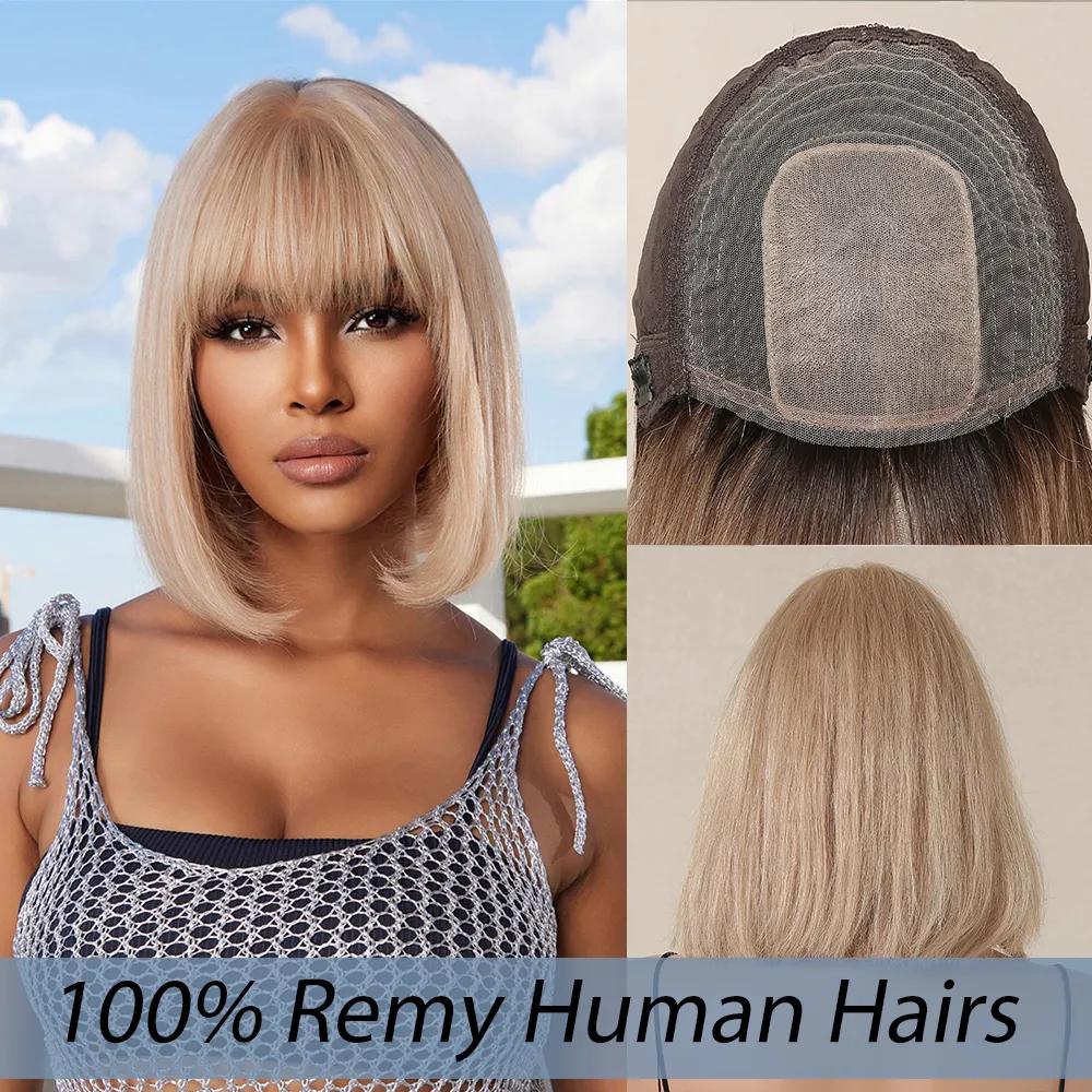 흑인 여성용 금발 100% 레미 인모, 자연스러운 스트레이트 짧은 가발, 전체 앞머리, 내열성 밥 인모 가발, 아프로